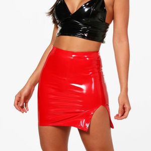 Red side slit PU Mini Skirt
